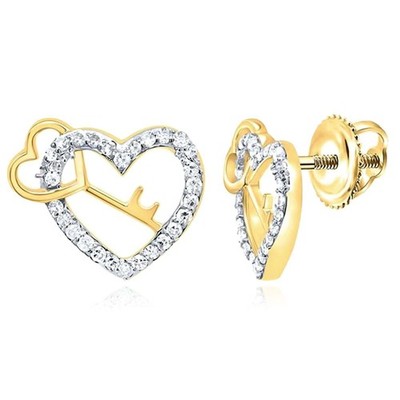 0,20 kt natürlicher Diamant echt 10 K Gold Herz & Schlüssel Ohrstecker 11 mm