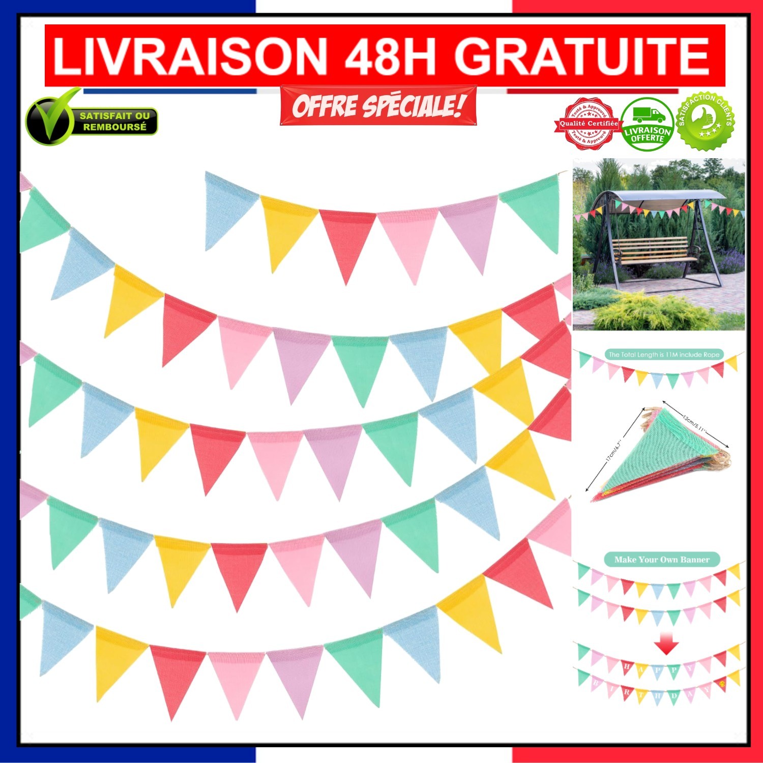 Banderole fanions jute 12m lavable pour decoration de salle réutilisable