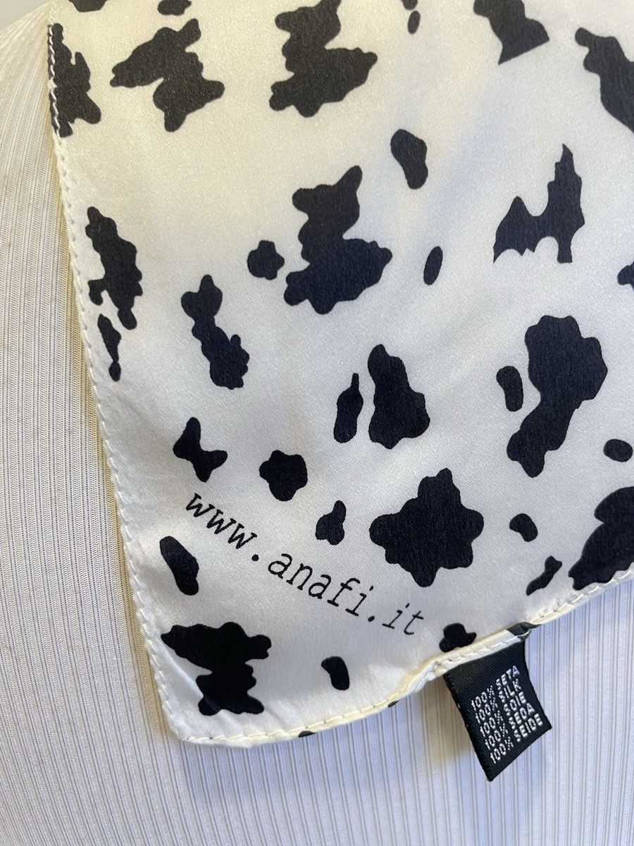 Anafi Italy Silk Scarf White Black Cow Spot Pattern Square Wrap #A123 View 2