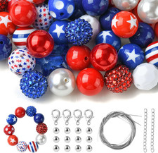 50Pcs Random 20mm Acrylic Round Beads Independence Day Acrylic Beads Red White B