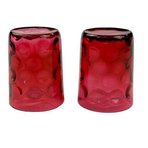 Pair Vintage Fenton Cranberry Coin Dot Tumblers (2) Cocktail / Water Glasses - Picture 4 of 14