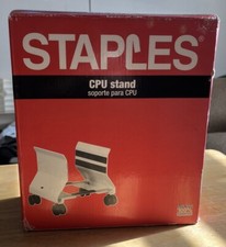 Vintage Staples CPU Stand, Steel Cart w/ Lockable Rolling Wheels/ White W/Pads