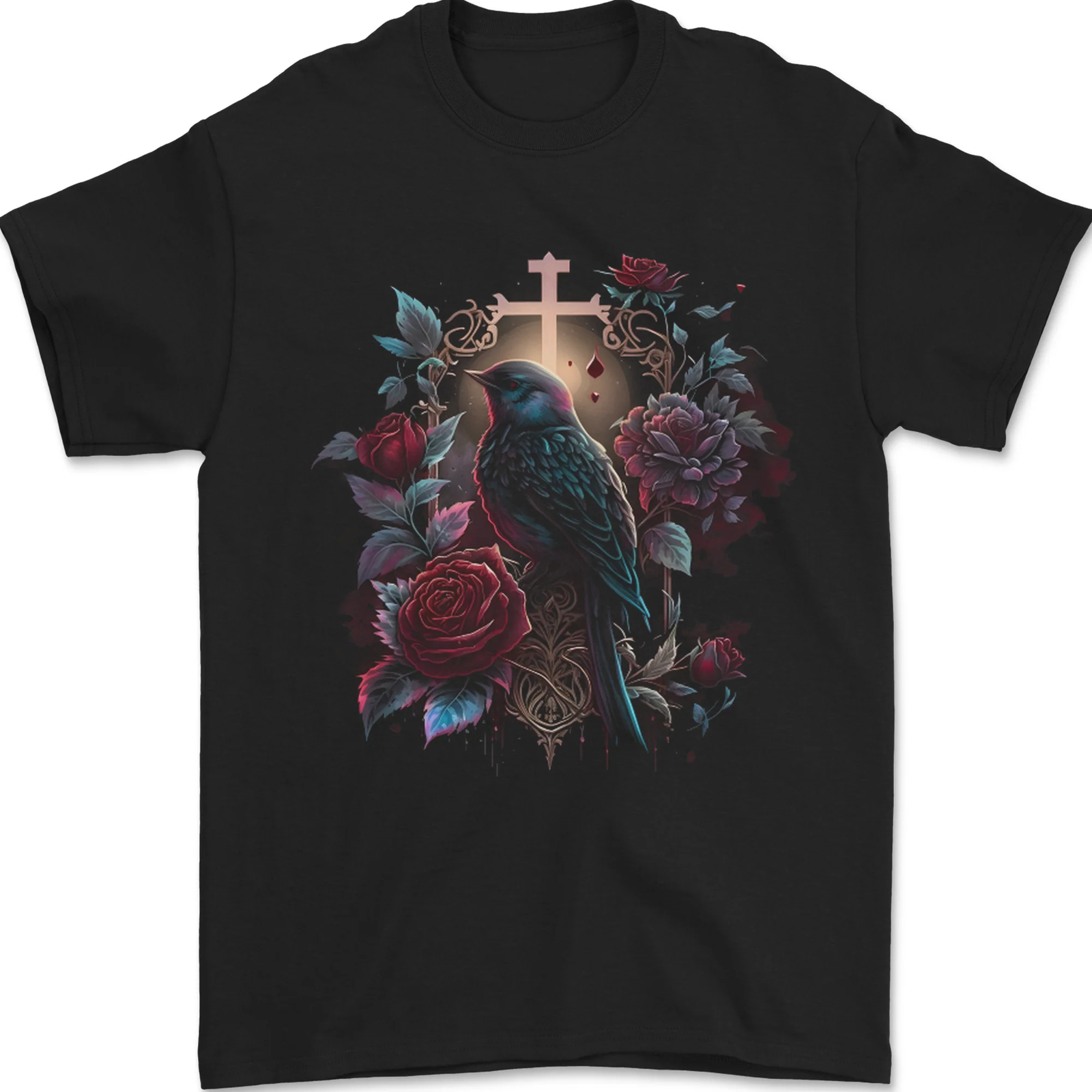 A Gothic Bird and Cross in Roses gothic Mens T-Shirt 100% Cotton