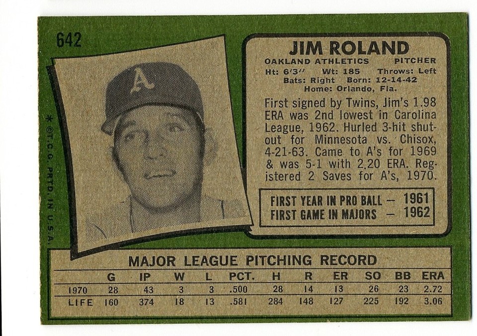 1971 TOPPS OAKLAND A'S JIM ROLAND #642 EXMT | eBay
