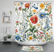 Green Leaf Blue and Orange Wildflower Shower Curtain Bathroom Accessories Set