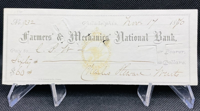 1870 Farmers & Mechanics National Bank Philadelphia Check: $60 - Civil War Era