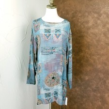 Vintage Karen Kane Tunic Top Size 10 Teal Southwestern Lagenlook Long Sleeve