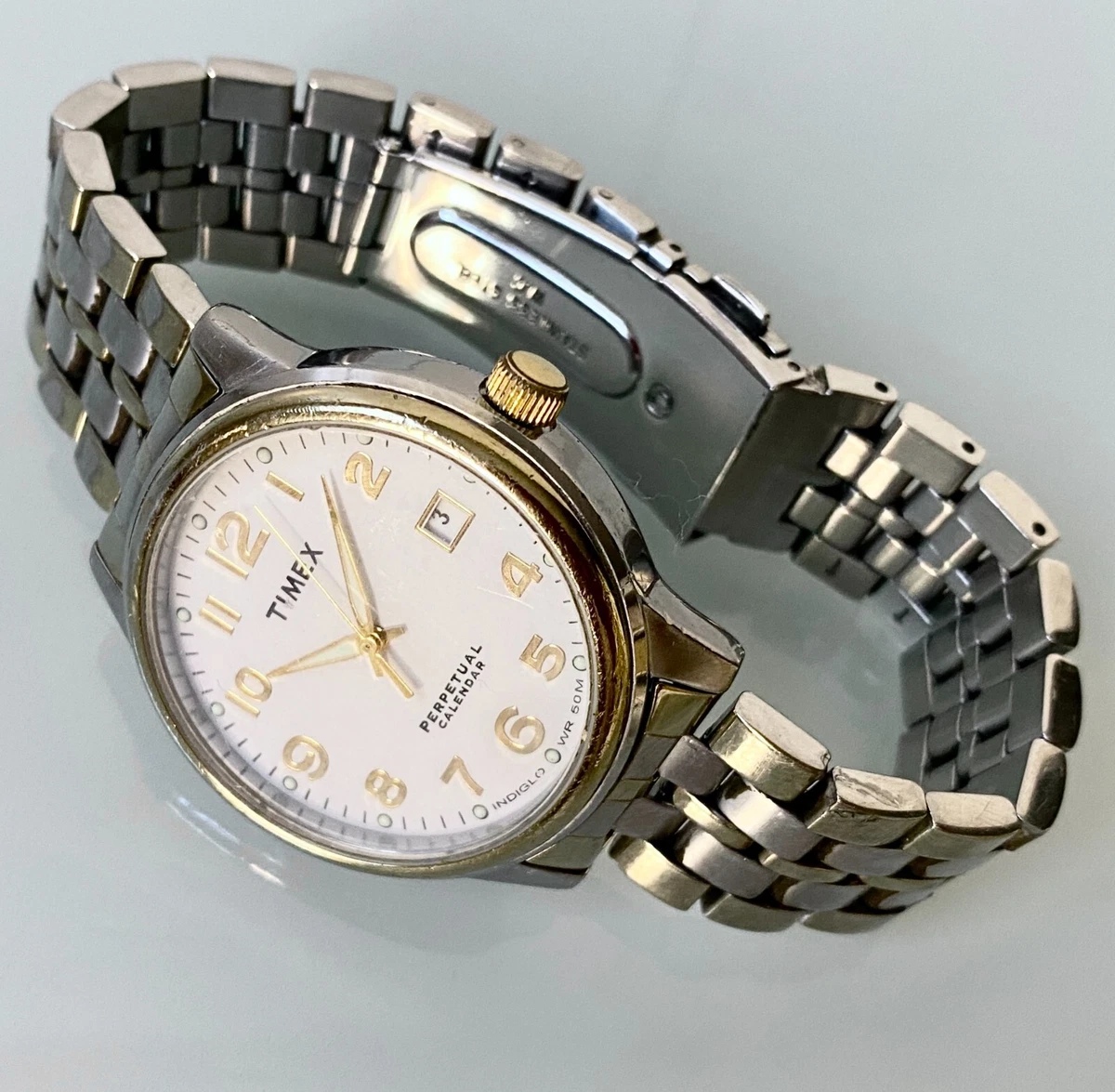 Mens TIMEX PERPETUAL CALENDAR Gold/Silver White Dial S STEEL Bracelet  INDIGLO | eBay