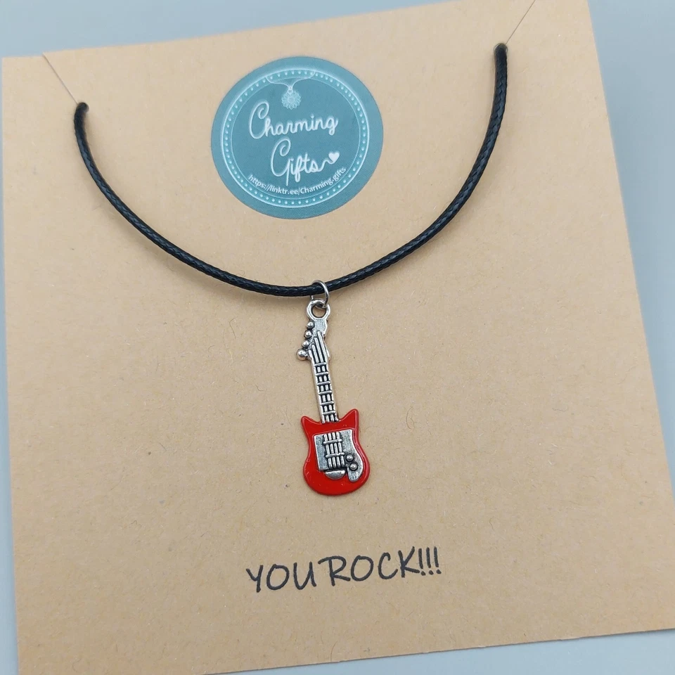 Collar de guitarra eléctrica roja - Joyería de música rock para amantes de la guitarra Foto 4 de 4