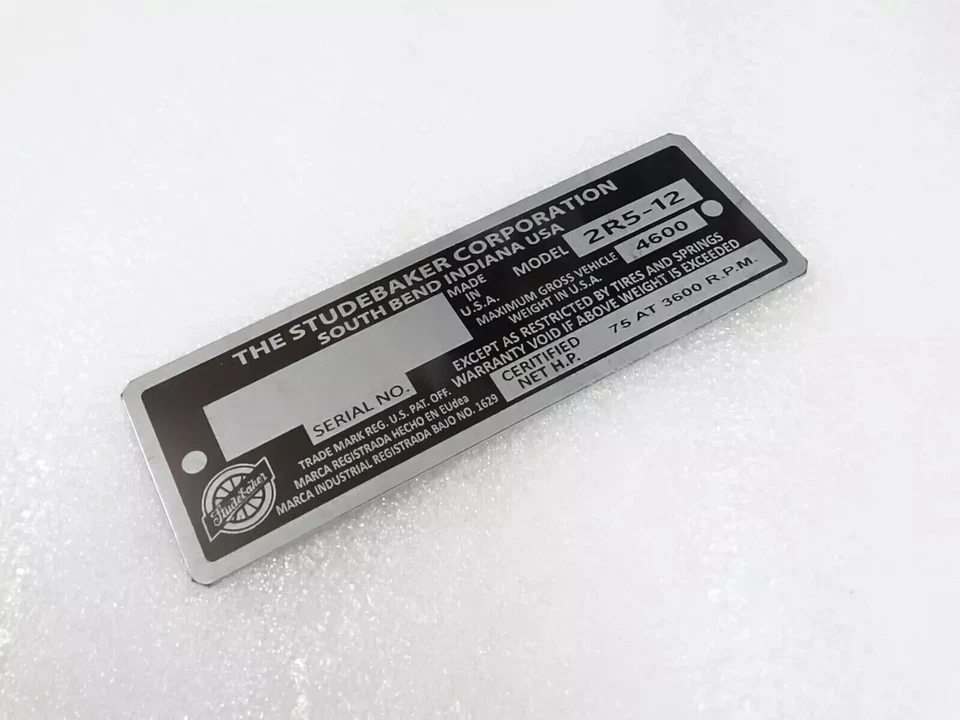 PLACA DE DATOS SE ADAPTA AL MODELO VINTAGE STUDEBAKER EE. UU. #V222-7 Foto 3 de 4