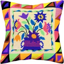 Needlepoint/Tapestry vintage throw pillow cover "FOLK FLOWERS" embroidery kit