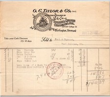 Burlington, VT O.C. Taylor & Co. Tobacco Cigars Cigarettes 1922 Billhead