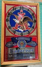 VTG BUDWEISER KING OF BEERS MIRROR CLOCK SIGN WITH WORKING CLOCK MOVEMENT HANDS