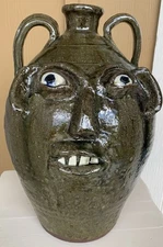 Burlon Craig Rutile Green Face Jug – Signed – 16” Tall – Rare Folk Pottery