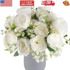 4 Bundles Artificial Peonies Silk Flowers, White Faux Bouquet Florals Arrange...