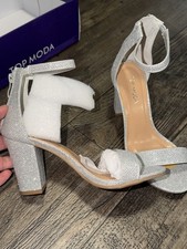TOP MODA Women's Silver Glitter Strappy Open Toe Ankle Strap Block Heel 5