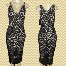 Xscape 8 Black/Nude Geometric Lace V-Neckline Sheer Hemline Midi Evening Dress