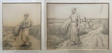 Dessins signés Aimé Perret, la moisson, paire de fusains, encadrés, début XXe