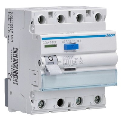 Hager FI-Schalter RCD Fehlerstrom Schutzschalter CDA440D FI 40A 30mA 6kA 4 polig