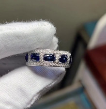 New Blue Oval Cut Simulated CZ Full Eternity 925 Sterling Silver Engagement Ring