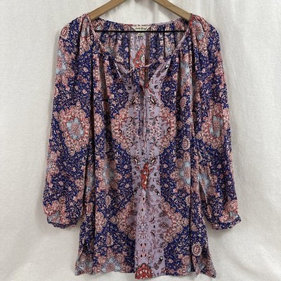 Lucky Brand Boho Blue Colorful Tie Popover Peasant Top Womens Sz 1X Festival
