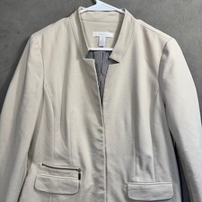 Chico's Blazer Women Size 1 Beige Open Front Striped Lining Excellent
