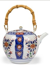 Japanese Arita Style Porcelain Painted Spouted Teapot with Bamboo Handle