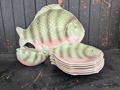 Vintage Shorter & Son Clarice Cliff Era Pottery Fish Plates & Gravy Sauce Boat 