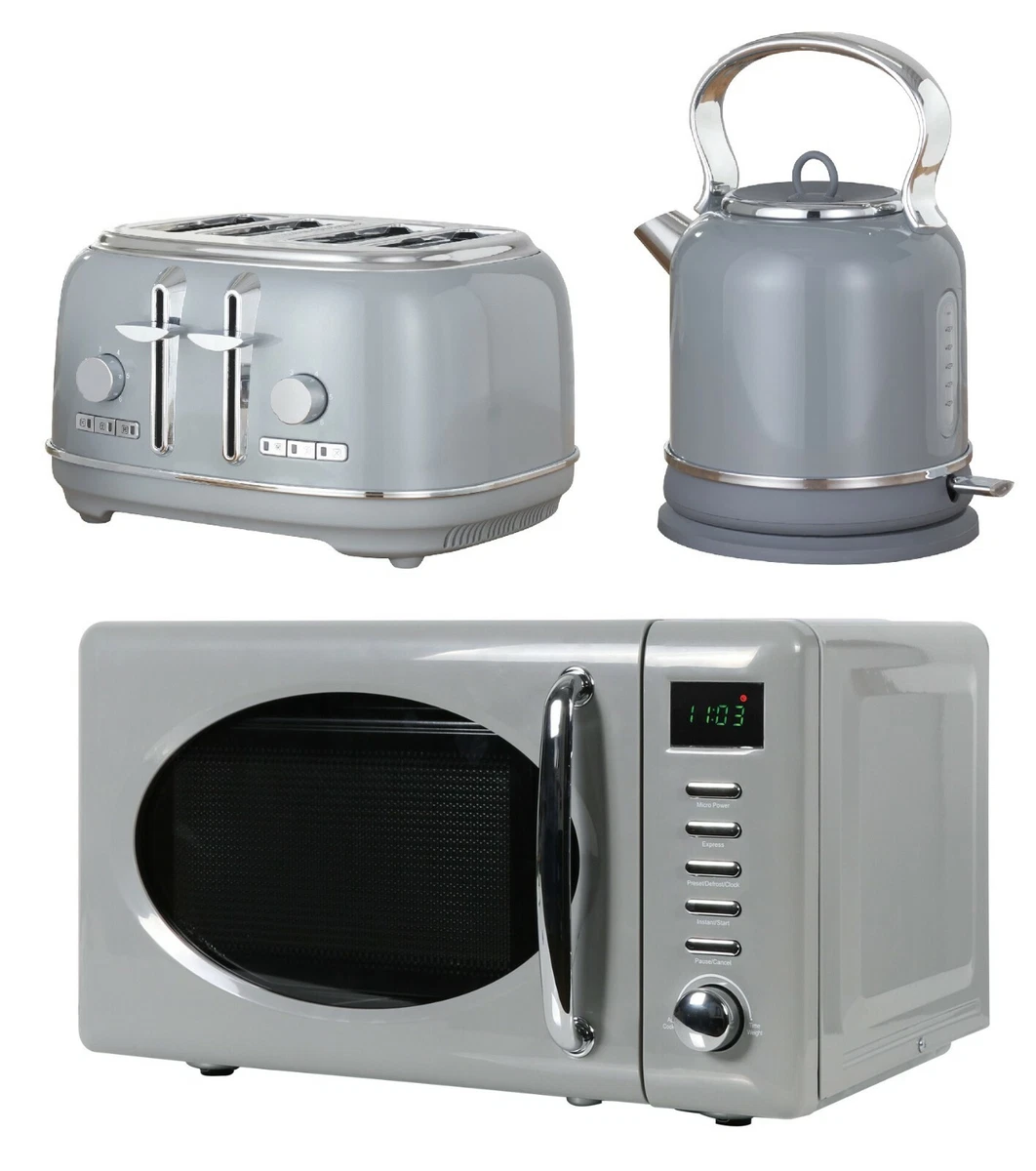 Grey Matching Retro Set Digital Microwave with 4 Slice Toaster