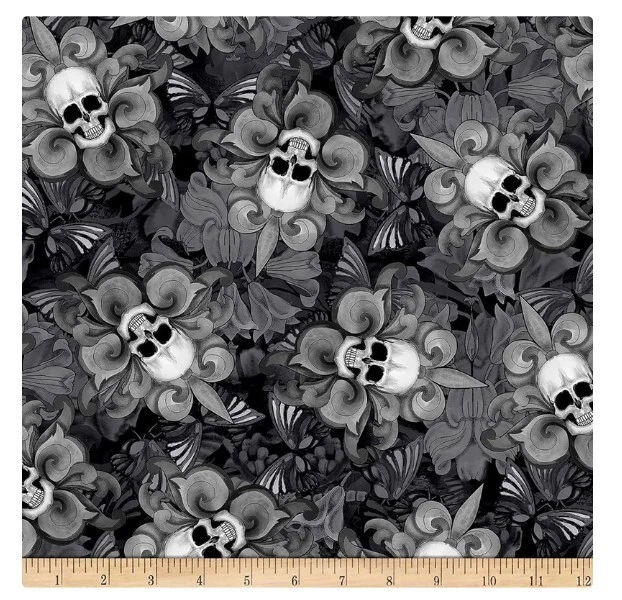 Tela artesanal de edredón 100 % algodón estampado negro flor de lis BTY TT SKULLS por yarda Foto 2 de 2