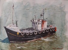 Quadro acquerello originale "Nave da pesca" 11" x 15" NON UNA STAMPA