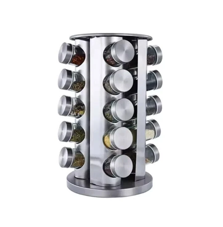 Stainless Steel Rotating Spice Jar Rack 20 Jars 34 x 19 cm Assorted Designs-7505