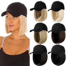 Qlenkay Baseball Cap Wig Hat Hair Extensions Straight Bob 14" Adjustable Blonde