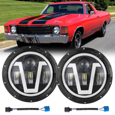 Pair 7'' Inch Round LED Headlights Halo Angle Eyes For Chevy El Camino 1971-1975