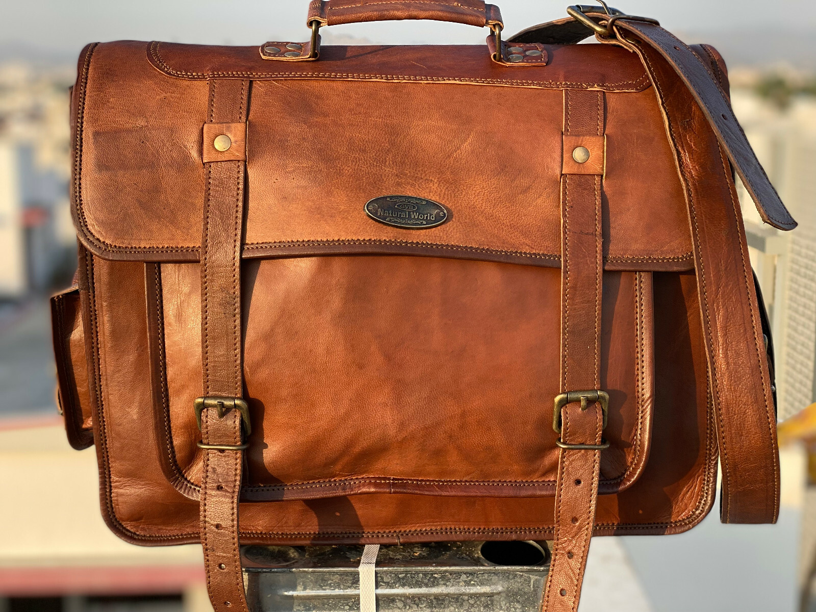 16" Bolso Mensajero De Cuero Marrón Hombre Portadocumentos Laptop