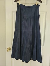 Notations Womens Black Cotton High Waist Plisse Pleated Ruffle Midi Skirt Sz. M