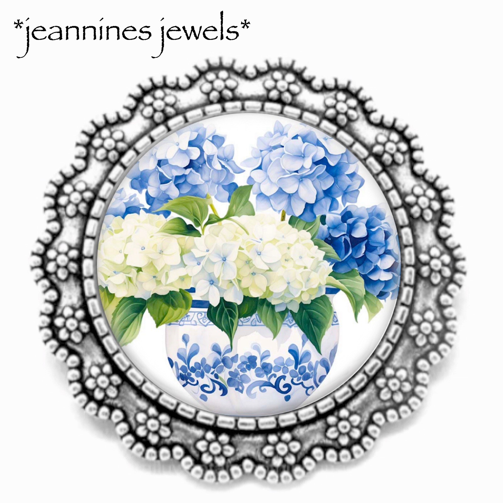Hydrangeas BROOCH Blue White Flowers Watercolor Art Print Silver Lapel Pin