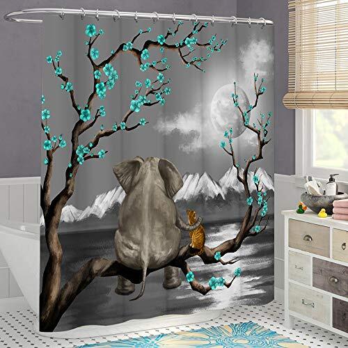 Rustic Gray Decor Elephant and Cat Shower Curtain for Kids Bathroom