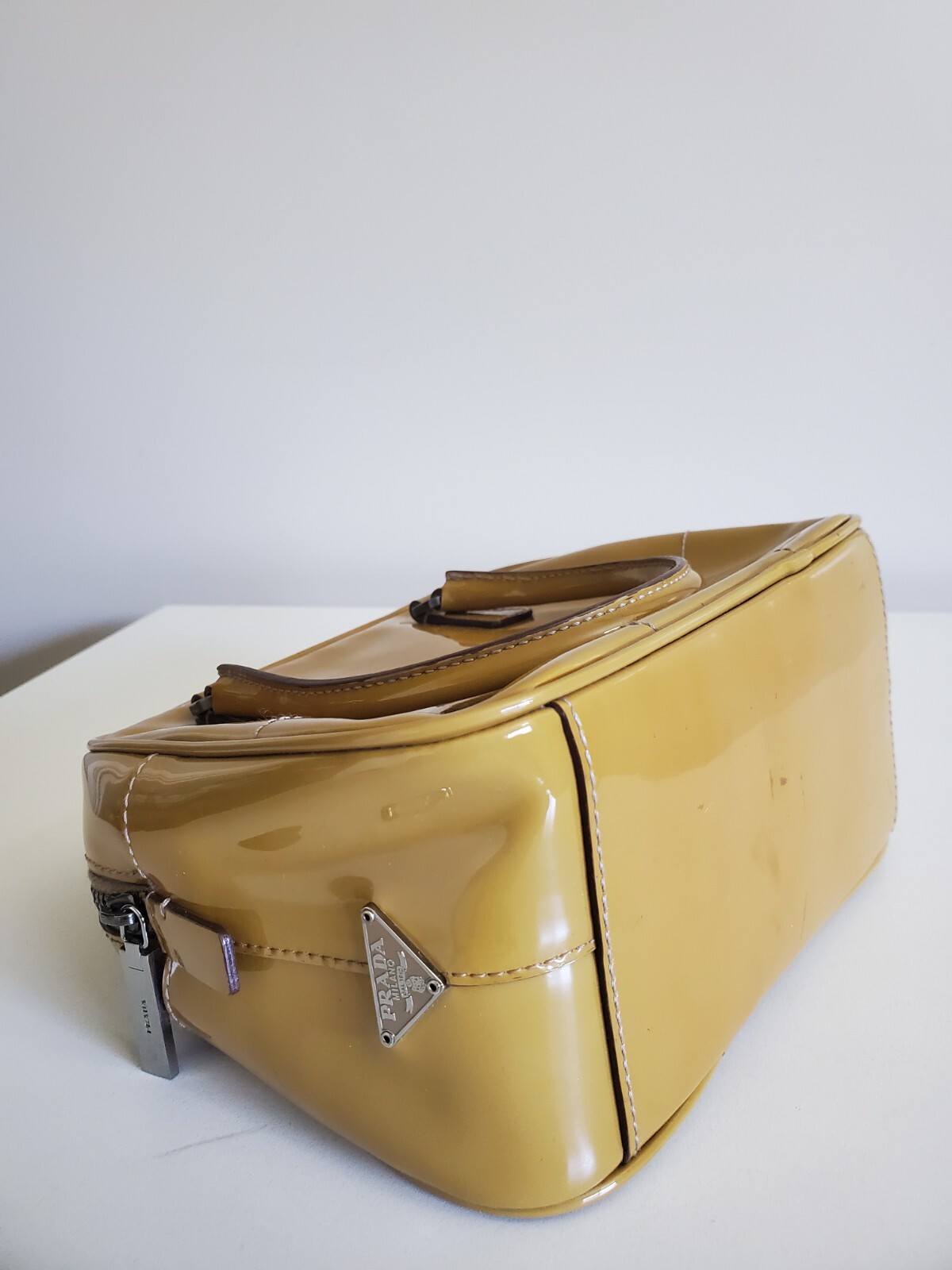 PRADA Patent Leather Bauletto 24 Mini Bag Mustard Yellow Brown Small Handbag  thumbnail 8