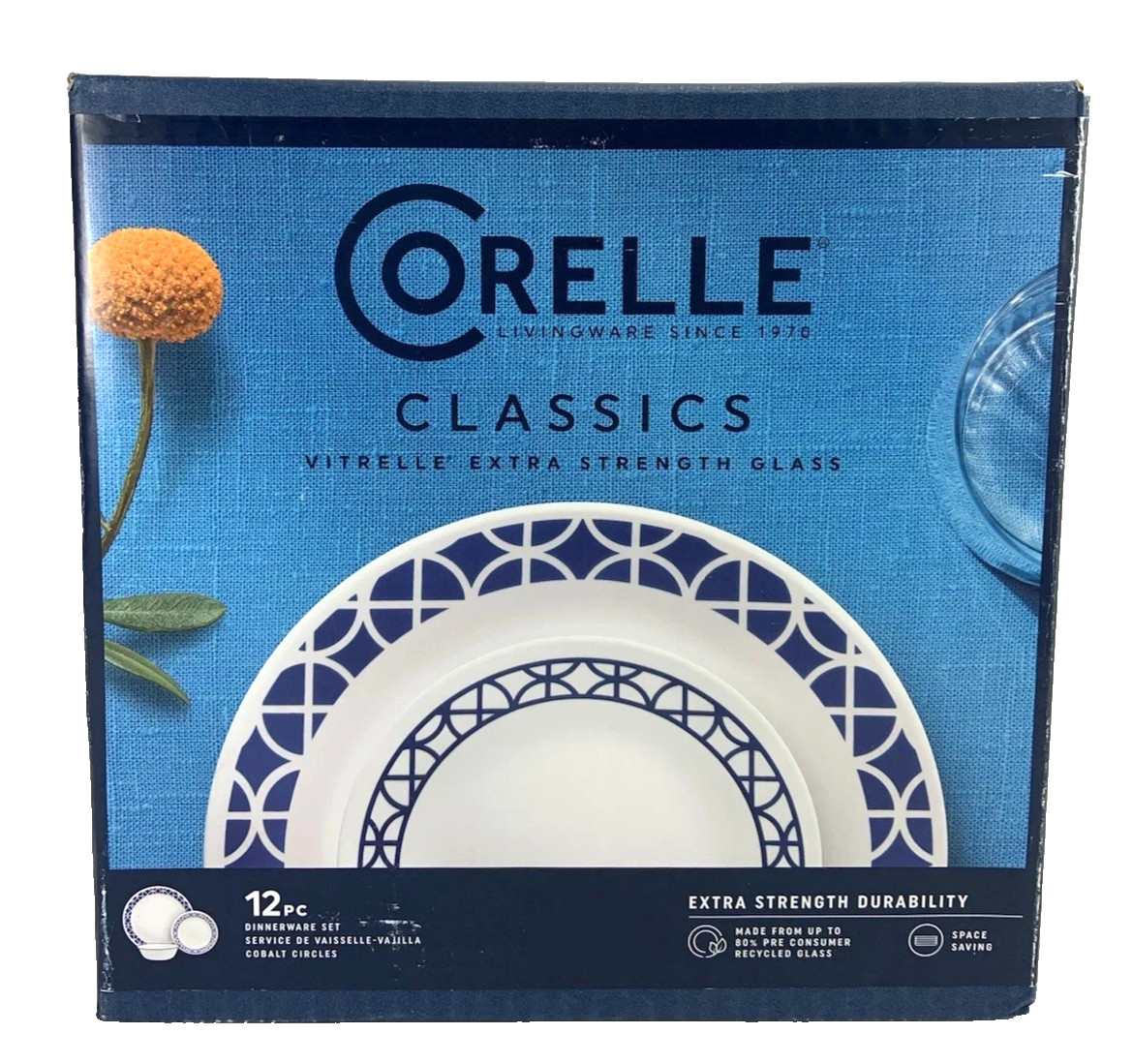 Cobalt Circles Vitrelle Glass Blue White 12-pc