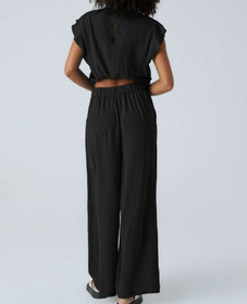 Halara Black Woven Ruffled Cap Sleeve Front Lace Up Jumpsuit With Pockets Sz XL