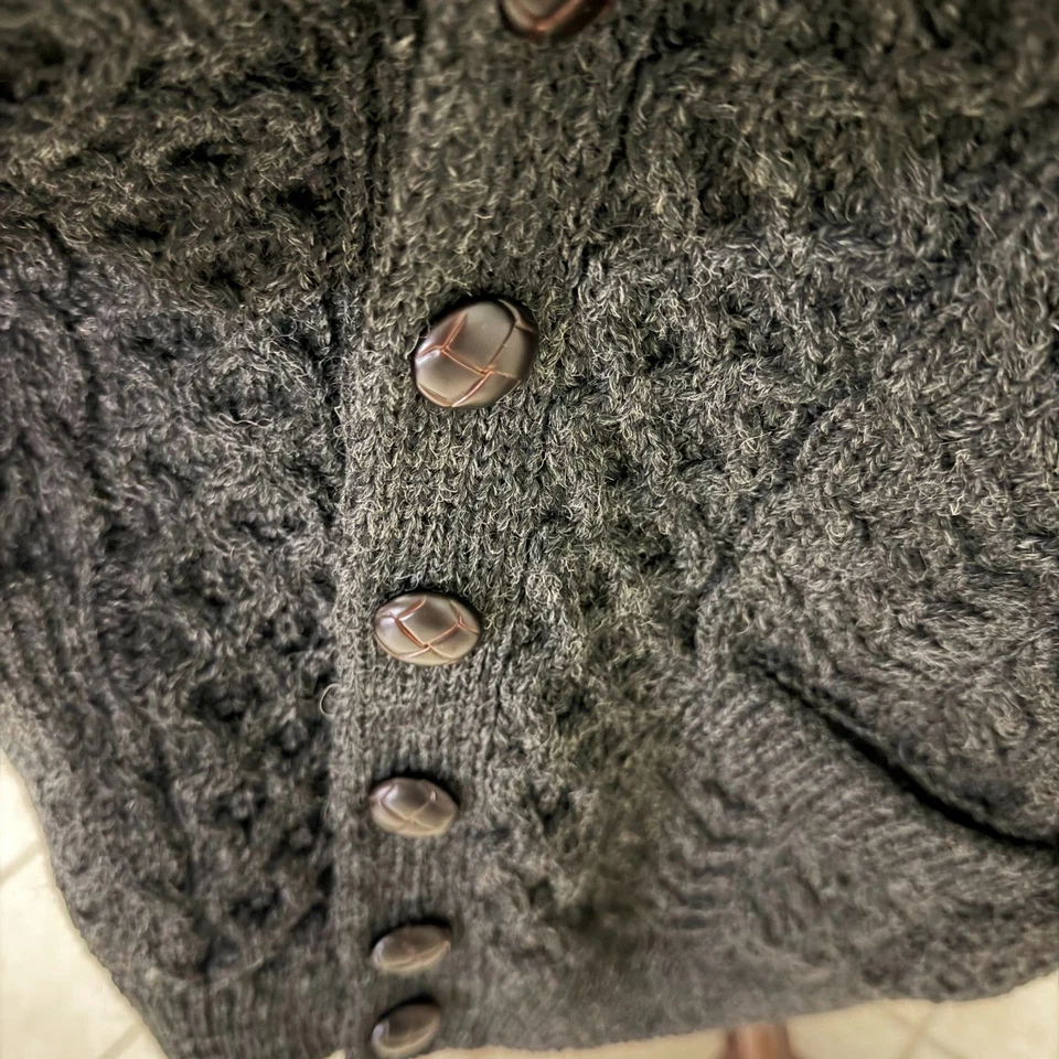 Suéter Irlandés Aran Mujer XL Gris Cárdigan Lana Chal Cuello Grueso Pescador Foto 4 de 4