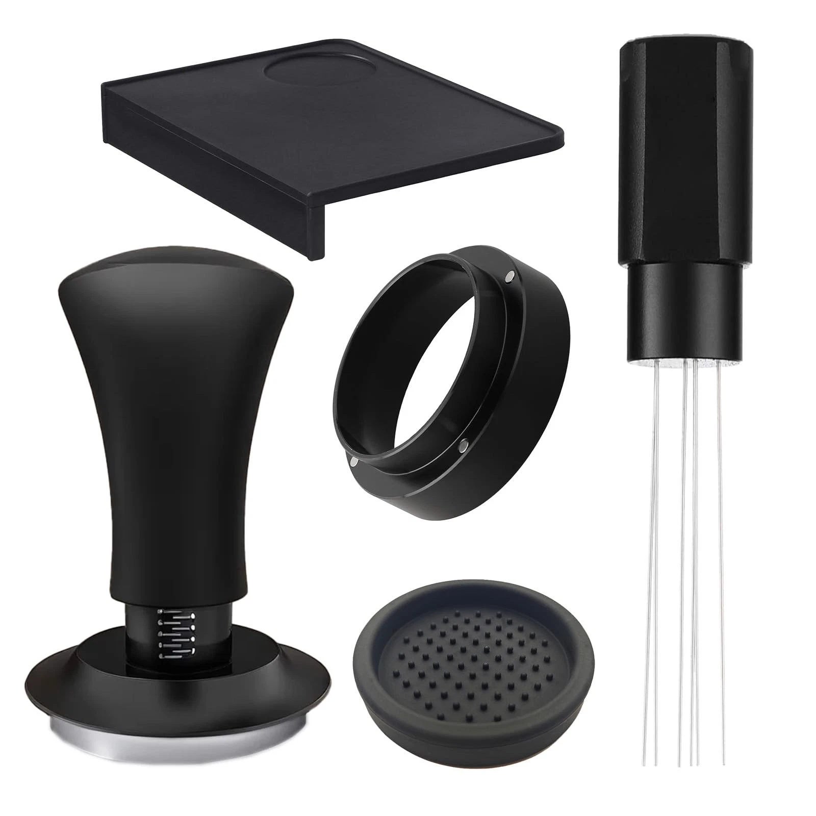 Espresso Accessories 54mm Spring Loaded Tamper Kit, 5-Piece Set 54mm, Black