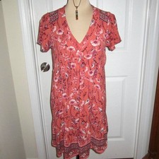 Knox Rose XS Coral Floral Boho Dress V-Neck Short Sleeve Flowy Mini
