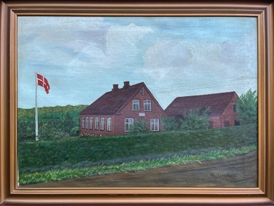 Oil Painting Realist Summer Landscape With Red Houses Denmark