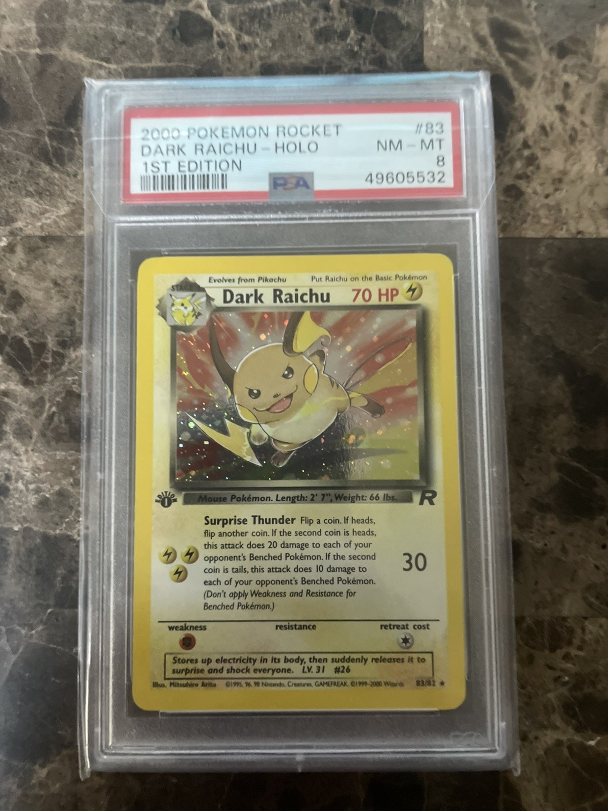 2000 POKEMON ROCKET 1ST EDITION #83 DARK RAICHU-HOLO PSA 8