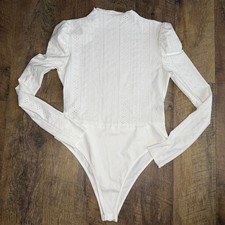Women s Mock Neck Long Puff Sleeve Eyelet Lace Bodysuit White XL