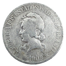 1909 BRAZIL 1000 Reis Liberty Head Brazilian Silver Coin KM #507