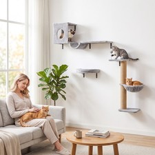 PawHut 3-In-1 Cat Wall Shelves, Wooden Cat Climbing Furniture w/ Condo, Bed