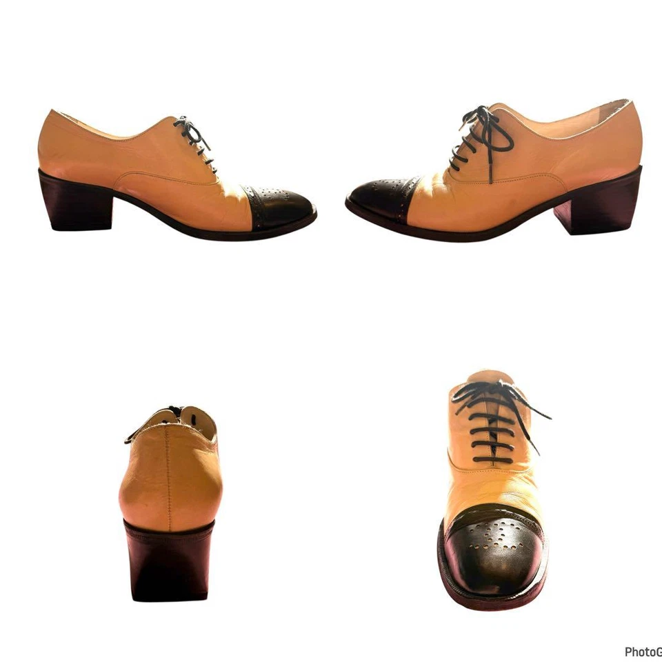 Chaussures CHANEL Oxford vintage beige noir à lacets cuir marque coco femme... - Photo 4/4